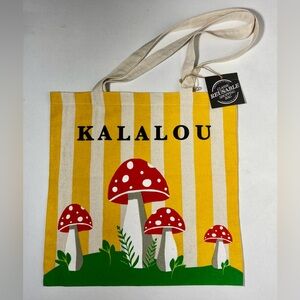 NWT Kalalou Yellow & White Stripe Tote Bag Red White Hallucinogenic Mushrooms